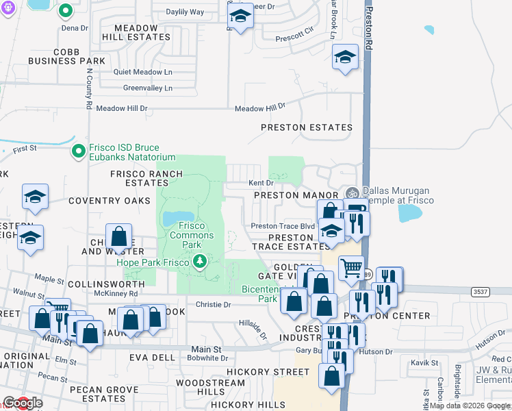 map of restaurants, bars, coffee shops, grocery stores, and more near 9761 Williford Trail in Frisco