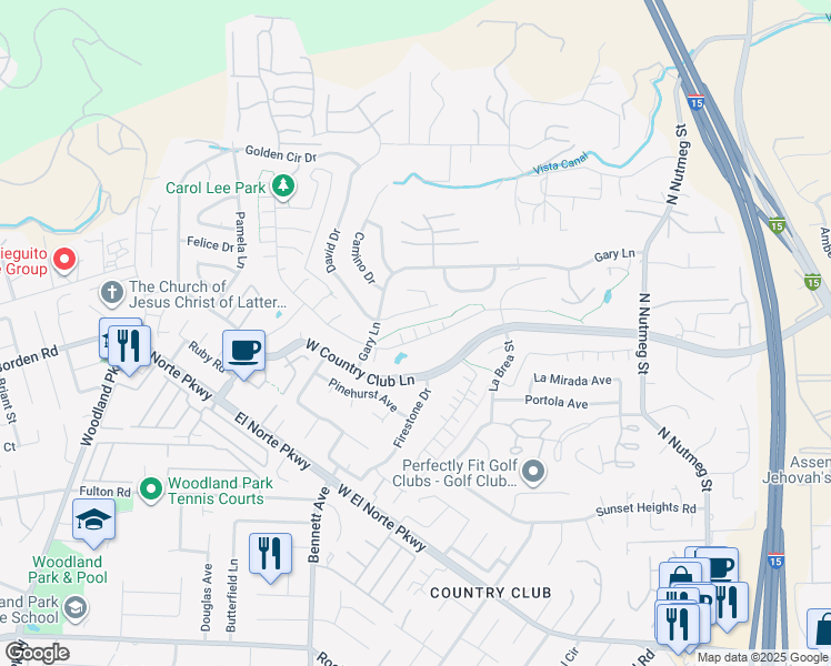 map of restaurants, bars, coffee shops, grocery stores, and more near 1617 David Drive in Escondido
