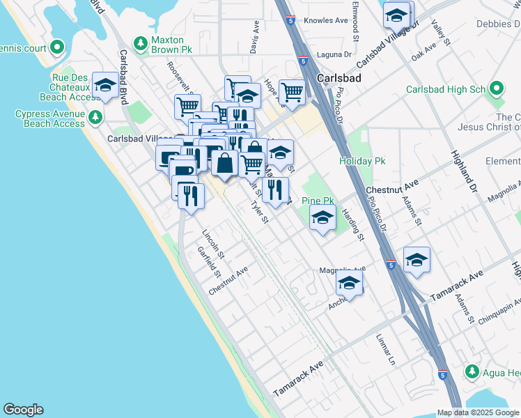 map of restaurants, bars, coffee shops, grocery stores, and more near 3197 Tyler Street in Carlsbad