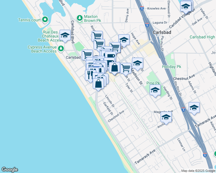 map of restaurants, bars, coffee shops, grocery stores, and more near 201 Oak Avenue in Carlsbad