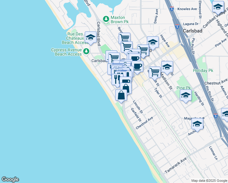 map of restaurants, bars, coffee shops, grocery stores, and more near 2950 Ocean Street in Carlsbad