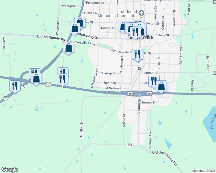 map of restaurants, bars, coffee shops, grocery stores, and more near 409 Neathery Street in Farmersville
