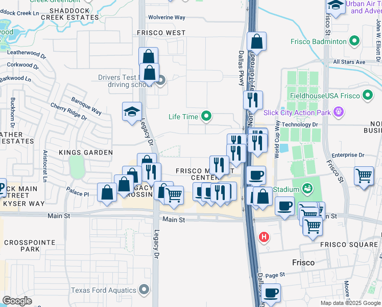 map of restaurants, bars, coffee shops, grocery stores, and more near 4800 Printers Way in Frisco