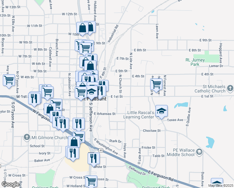 map of restaurants, bars, coffee shops, grocery stores, and more near 313 East 1st Street in Mount Pleasant