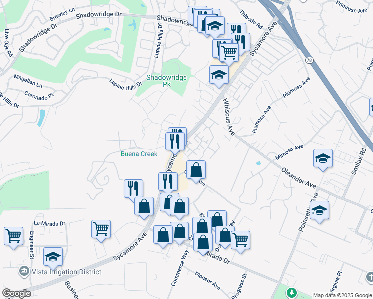 map of restaurants, bars, coffee shops, grocery stores, and more near 1020 Logan Lane in Vista