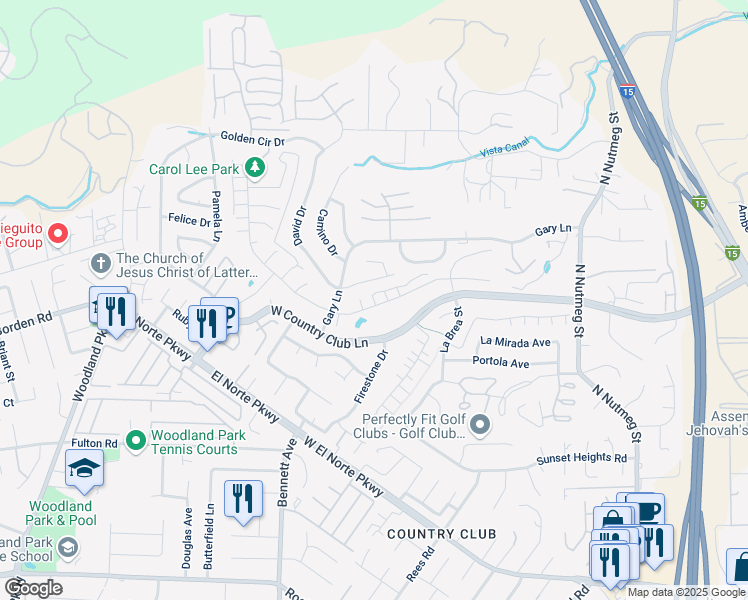 map of restaurants, bars, coffee shops, grocery stores, and more near 1674 Carol Lee Lane in Escondido