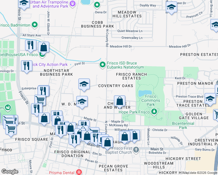 map of restaurants, bars, coffee shops, grocery stores, and more near 9800 North County Road in Frisco