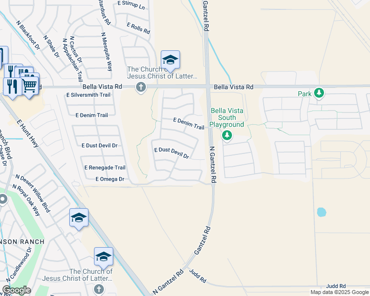 map of restaurants, bars, coffee shops, grocery stores, and more near 1813 East Desert Rose Trail in San Tan Valley