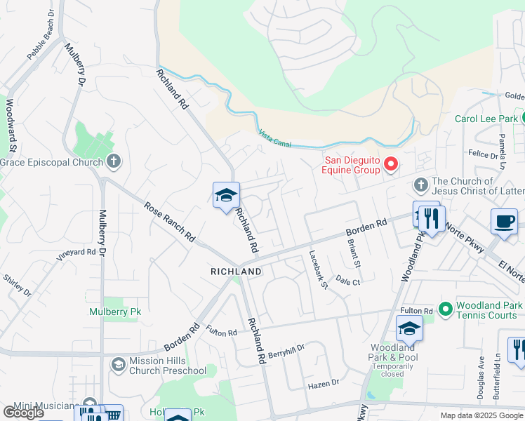 map of restaurants, bars, coffee shops, grocery stores, and more near 909 Richland Road in San Marcos