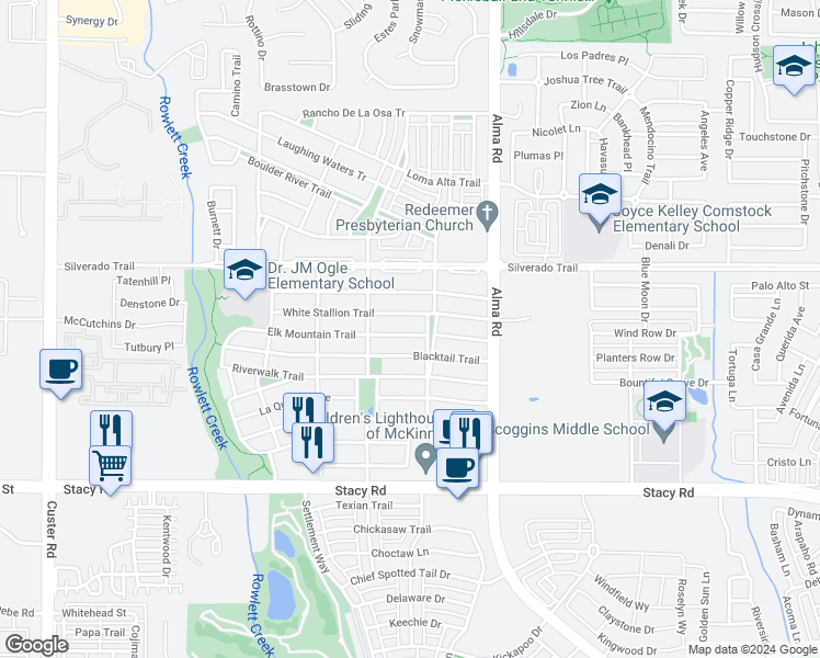 map of restaurants, bars, coffee shops, grocery stores, and more near 8004 Elk Mountain Trail in McKinney