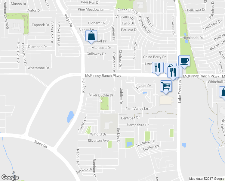 map of restaurants, bars, coffee shops, grocery stores, and more near 5701 Broken Spur in McKinney