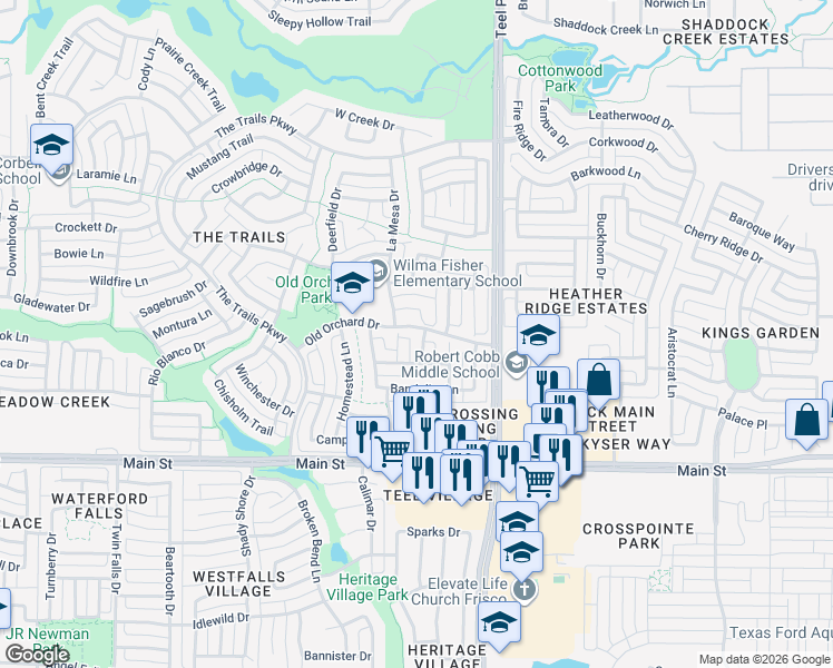 map of restaurants, bars, coffee shops, grocery stores, and more near 9471 Tanyard Lane in Frisco