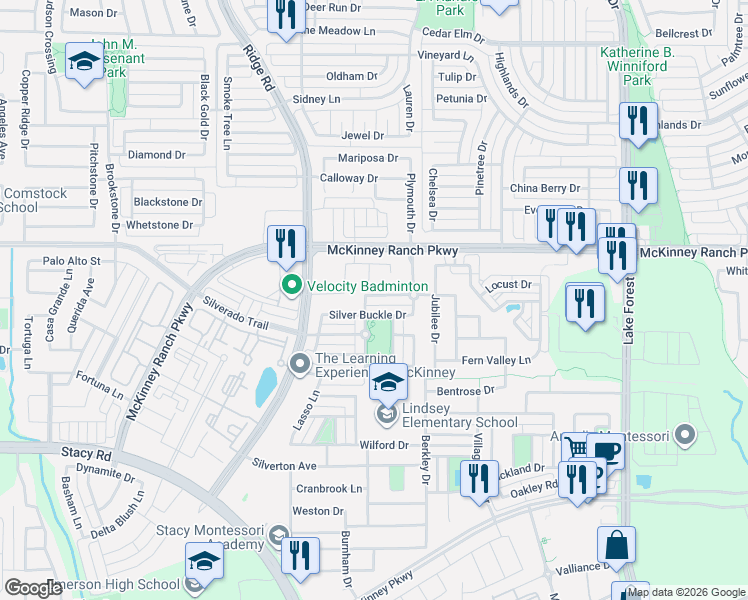 map of restaurants, bars, coffee shops, grocery stores, and more near 5813 Broken Spur in McKinney
