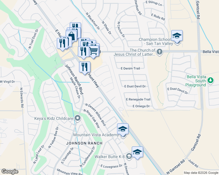 map of restaurants, bars, coffee shops, grocery stores, and more near 891 East Desert Rose Trail in San Tan Valley