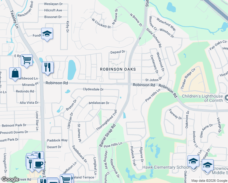 map of restaurants, bars, coffee shops, grocery stores, and more near 3608 Clydesdale Drive in Denton