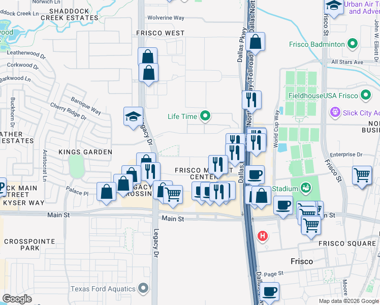 map of restaurants, bars, coffee shops, grocery stores, and more near 4800 Printers Way in Frisco
