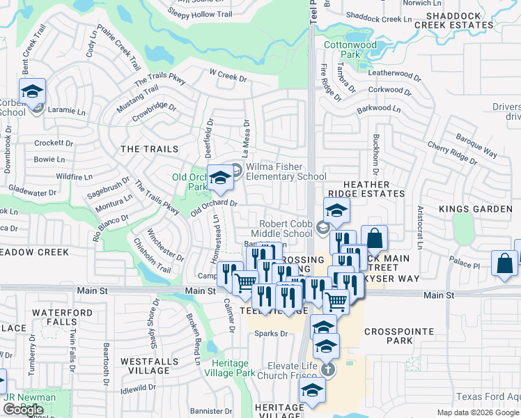 map of restaurants, bars, coffee shops, grocery stores, and more near 9471 Tanyard Lane in Frisco