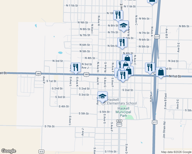 map of restaurants, bars, coffee shops, grocery stores, and more near 5 North Avenue H in Haskell