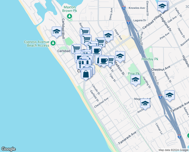 map of restaurants, bars, coffee shops, grocery stores, and more near 345 Oak Avenue in Carlsbad