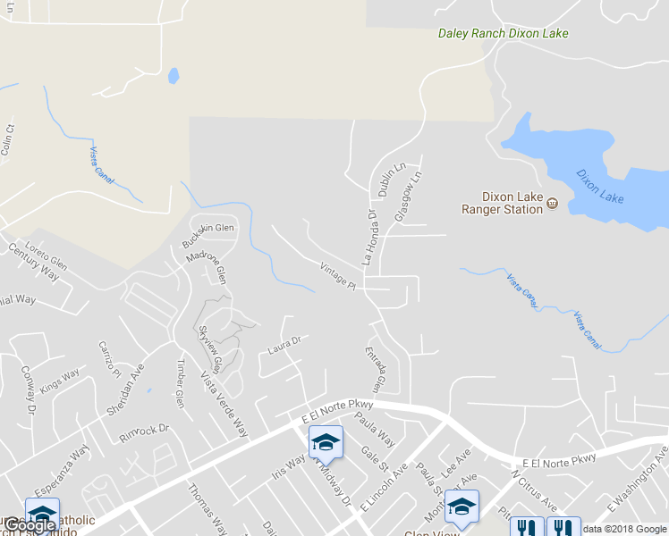 map of restaurants, bars, coffee shops, grocery stores, and more near 2128 Vintage Place in Escondido