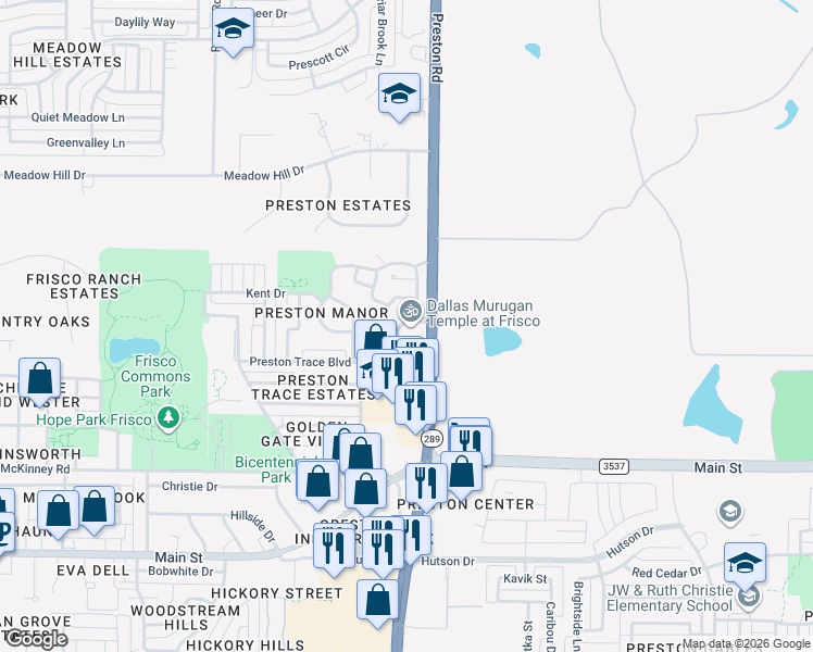 map of restaurants, bars, coffee shops, grocery stores, and more near 9822 Camfield Avenue in Frisco
