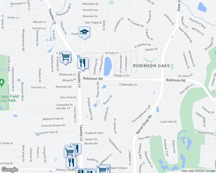 map of restaurants, bars, coffee shops, grocery stores, and more near 3205 Clydesdale Drive in Denton