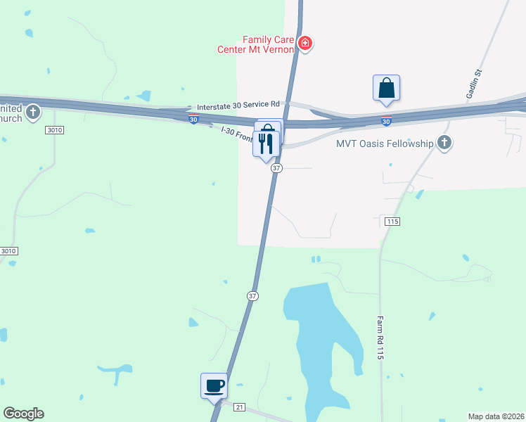 map of restaurants, bars, coffee shops, grocery stores, and more near 926 Texas 37 in Mount Vernon