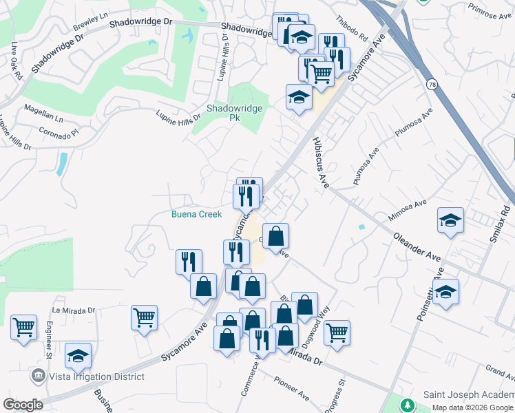 map of restaurants, bars, coffee shops, grocery stores, and more near 1114 Woodcrest Lane in Vista