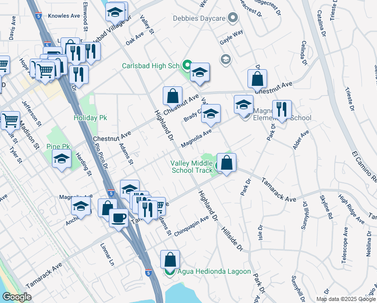 map of restaurants, bars, coffee shops, grocery stores, and more near 3700 Highland Drive in Carlsbad