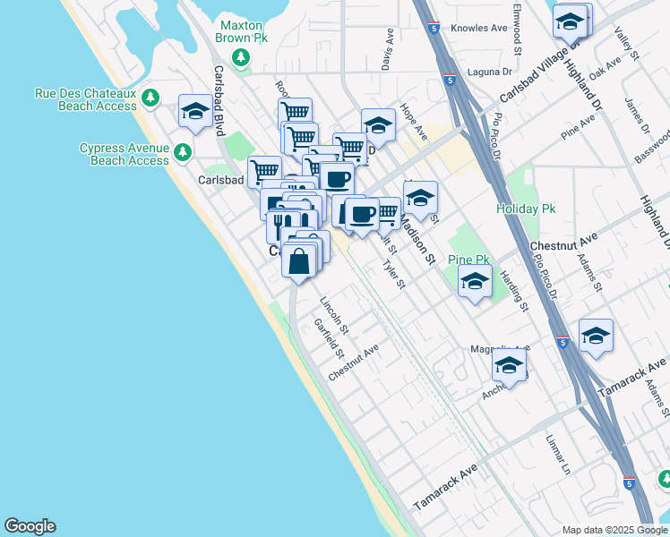 map of restaurants, bars, coffee shops, grocery stores, and more near 201 Oak Avenue in Carlsbad
