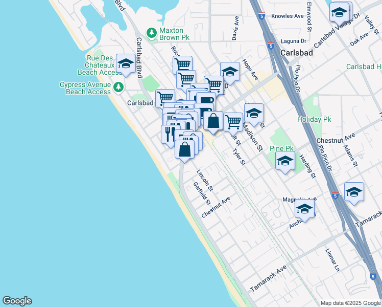 map of restaurants, bars, coffee shops, grocery stores, and more near 201 Oak Avenue in Carlsbad