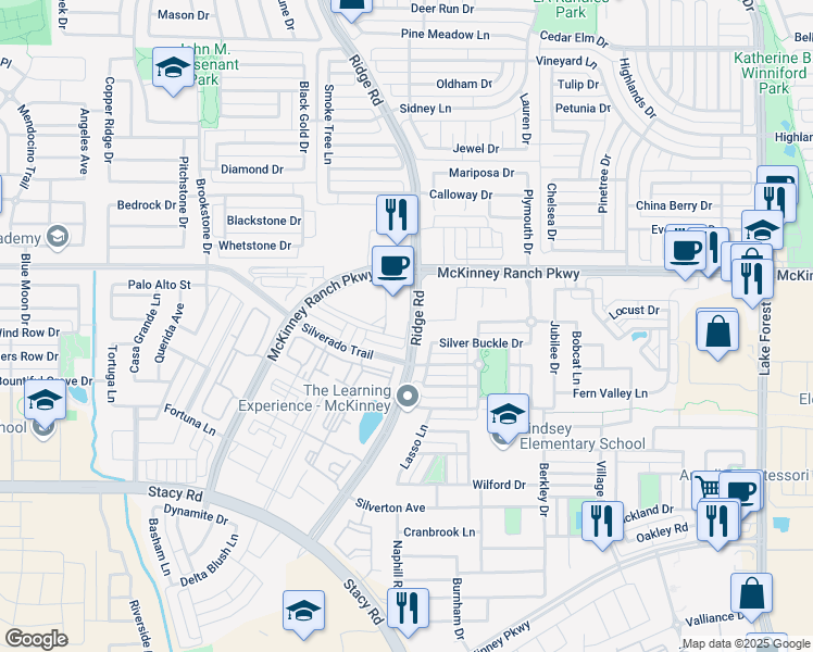 map of restaurants, bars, coffee shops, grocery stores, and more near 6077 Roper Road in McKinney