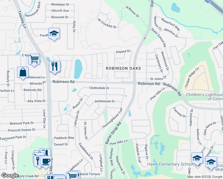 map of restaurants, bars, coffee shops, grocery stores, and more near 3512 Clydesdale Drive in Denton