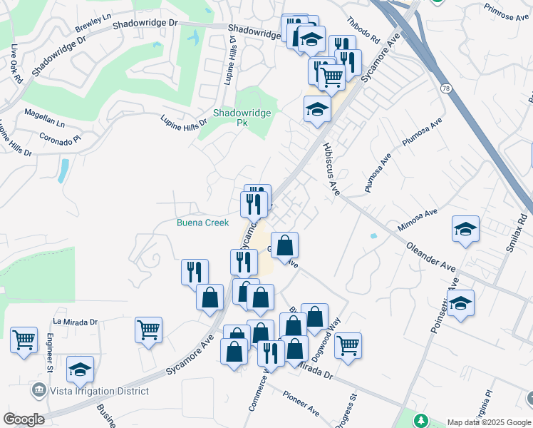 map of restaurants, bars, coffee shops, grocery stores, and more near 1114 Woodcrest Lane in Vista