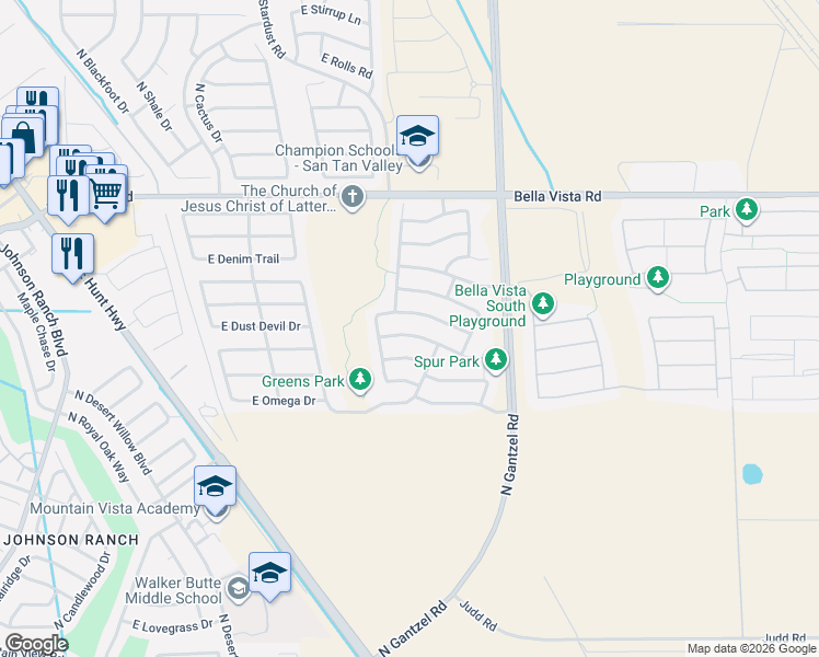 map of restaurants, bars, coffee shops, grocery stores, and more near 1680 East Dust Devil Drive in Queen Creek