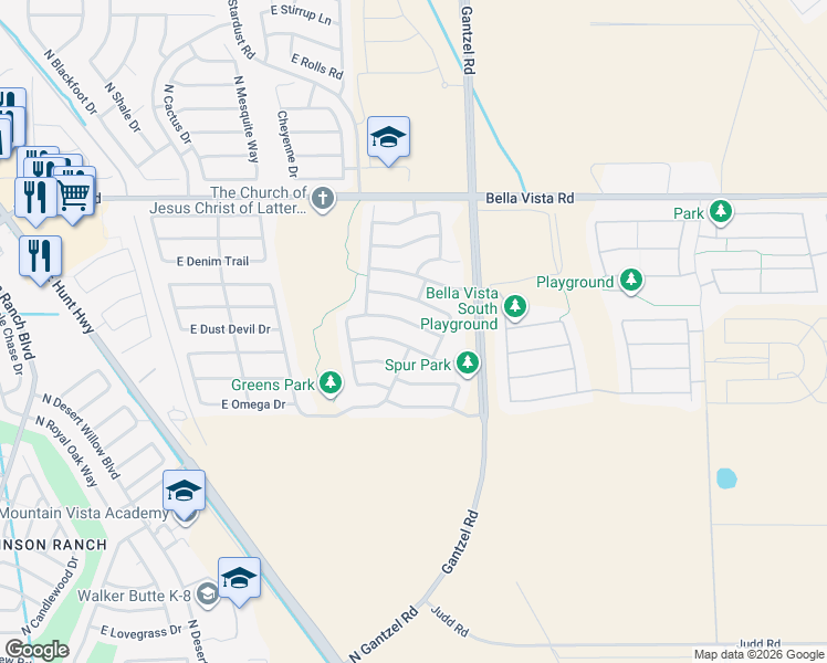 map of restaurants, bars, coffee shops, grocery stores, and more near 1841 East Desert Rose Trail in San Tan Valley