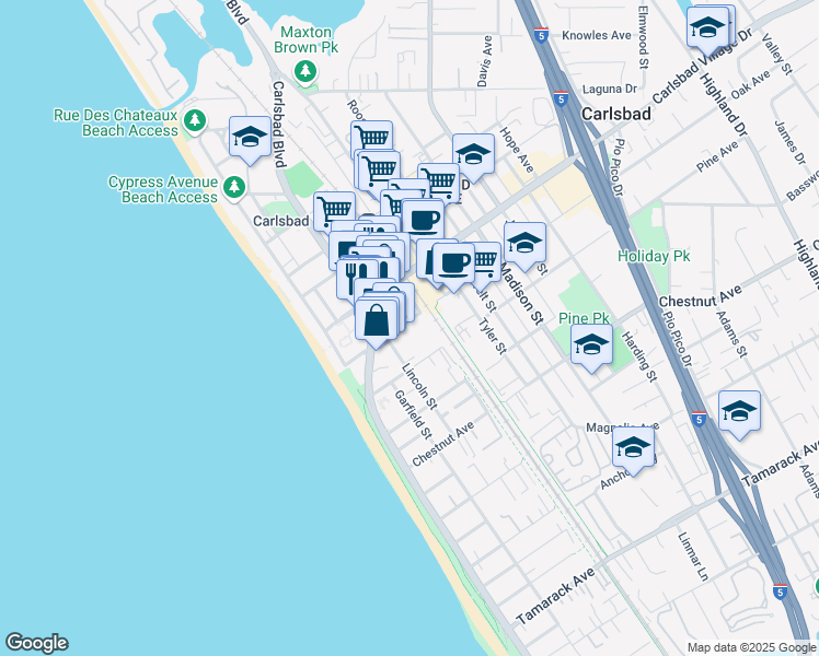 map of restaurants, bars, coffee shops, grocery stores, and more near 343 Oak Avenue in Carlsbad
