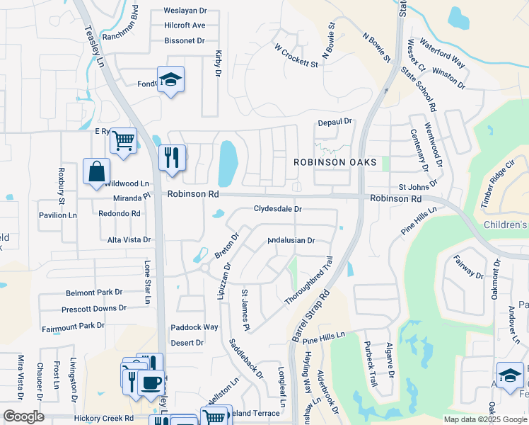 map of restaurants, bars, coffee shops, grocery stores, and more near 3318 Clydesdale Drive in Denton