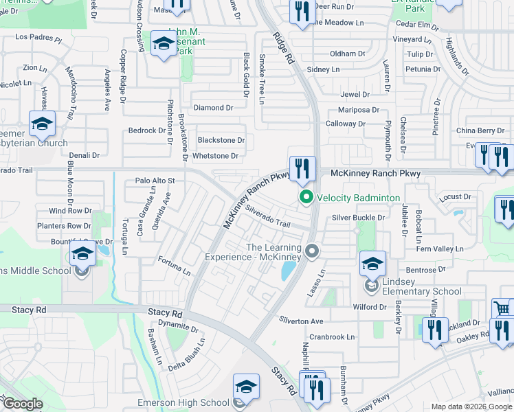 map of restaurants, bars, coffee shops, grocery stores, and more near 6117 Roper Road in McKinney