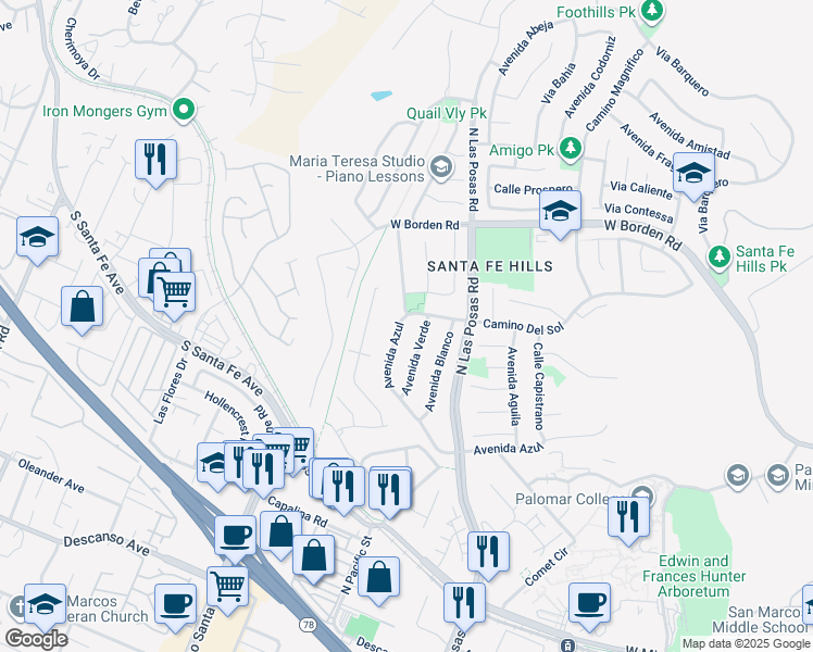 map of restaurants, bars, coffee shops, grocery stores, and more near 1387 Avenida Azul in San Marcos