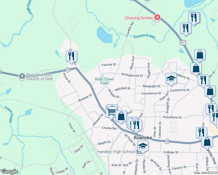 map of restaurants, bars, coffee shops, grocery stores, and more near 1262 Striplin Street in Roanoke