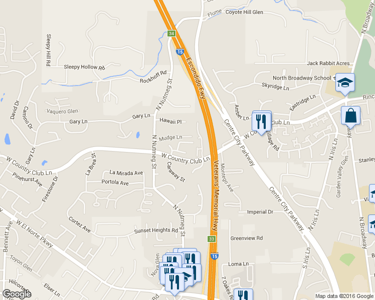 map of restaurants, bars, coffee shops, grocery stores, and more near 956 Mariposa Place in Escondido