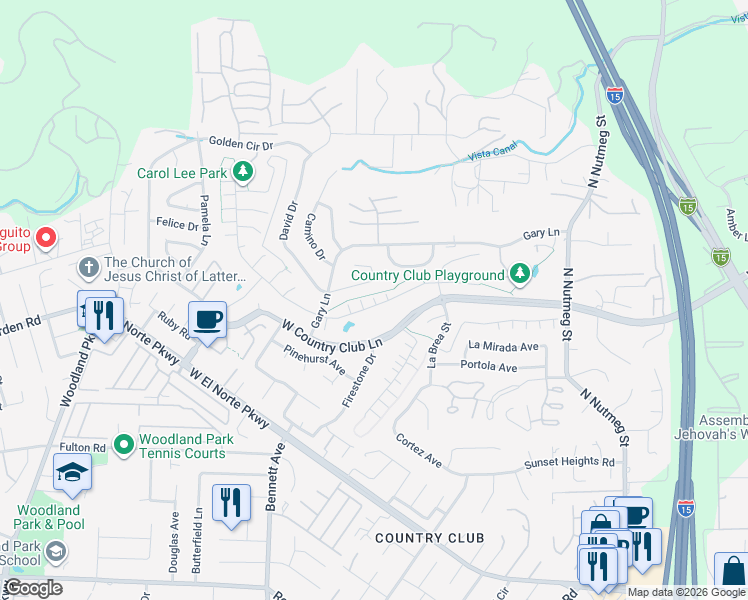 map of restaurants, bars, coffee shops, grocery stores, and more near 1531 David Drive in Escondido
