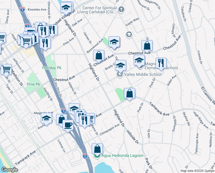 map of restaurants, bars, coffee shops, grocery stores, and more near 3700 Highland Drive in Carlsbad