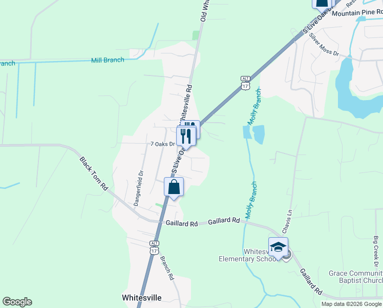 map of restaurants, bars, coffee shops, grocery stores, and more near 110 Mullinax Lane in Moncks Corner