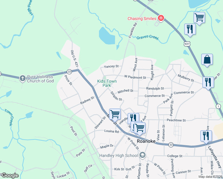 map of restaurants, bars, coffee shops, grocery stores, and more near 1262 Striplin Street in Roanoke