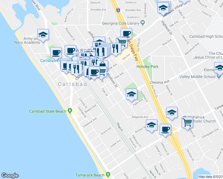 map of restaurants, bars, coffee shops, grocery stores, and more near 3274 Roosevelt Street in Carlsbad