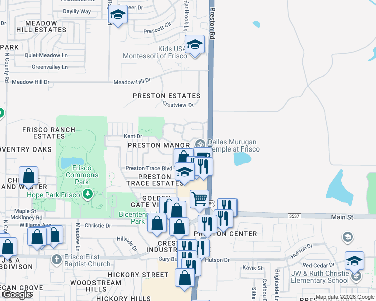 map of restaurants, bars, coffee shops, grocery stores, and more near 8820 Camfield Way Street in Frisco