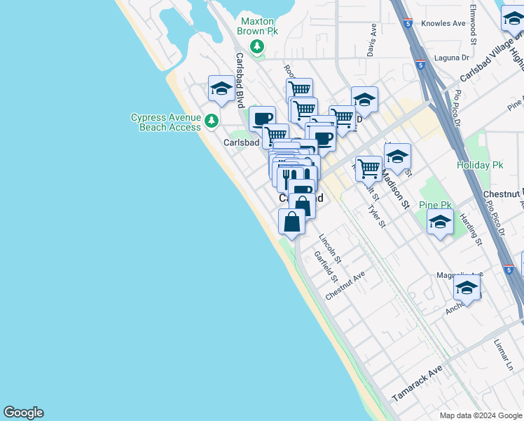 map of restaurants, bars, coffee shops, grocery stores, and more near 2977 Ocean Street in Carlsbad
