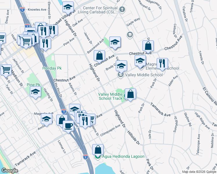 map of restaurants, bars, coffee shops, grocery stores, and more near 3700 Highland Drive in Carlsbad